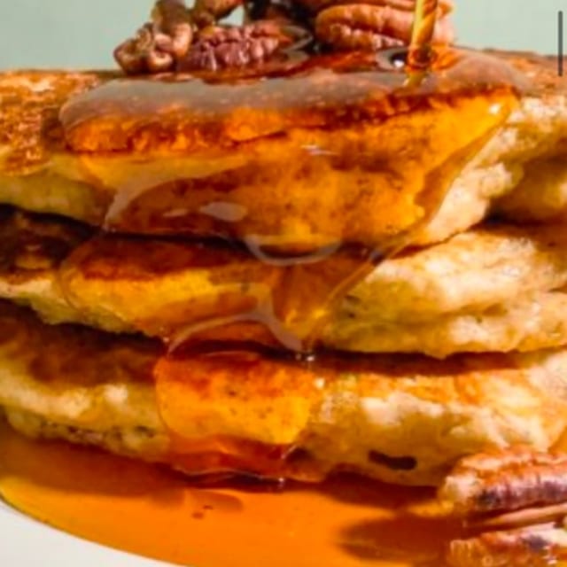 SHORT STACK PECAN PANCAKES.