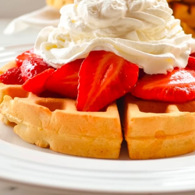 WAFFLE WITH STRAWBERRIES AND WHIPPED CRERAM.
