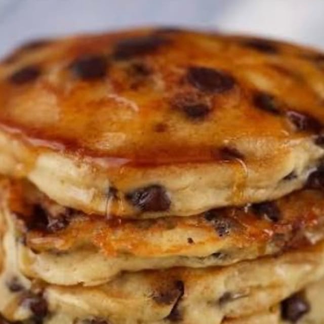 SHORT STACK OF CHOCOLATE CHIP PANCAKES.